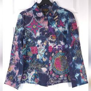 Allure Art to Wear Patchwork Denim Jacket Embroidered Boho Tie Dye Sz S/M Vtg